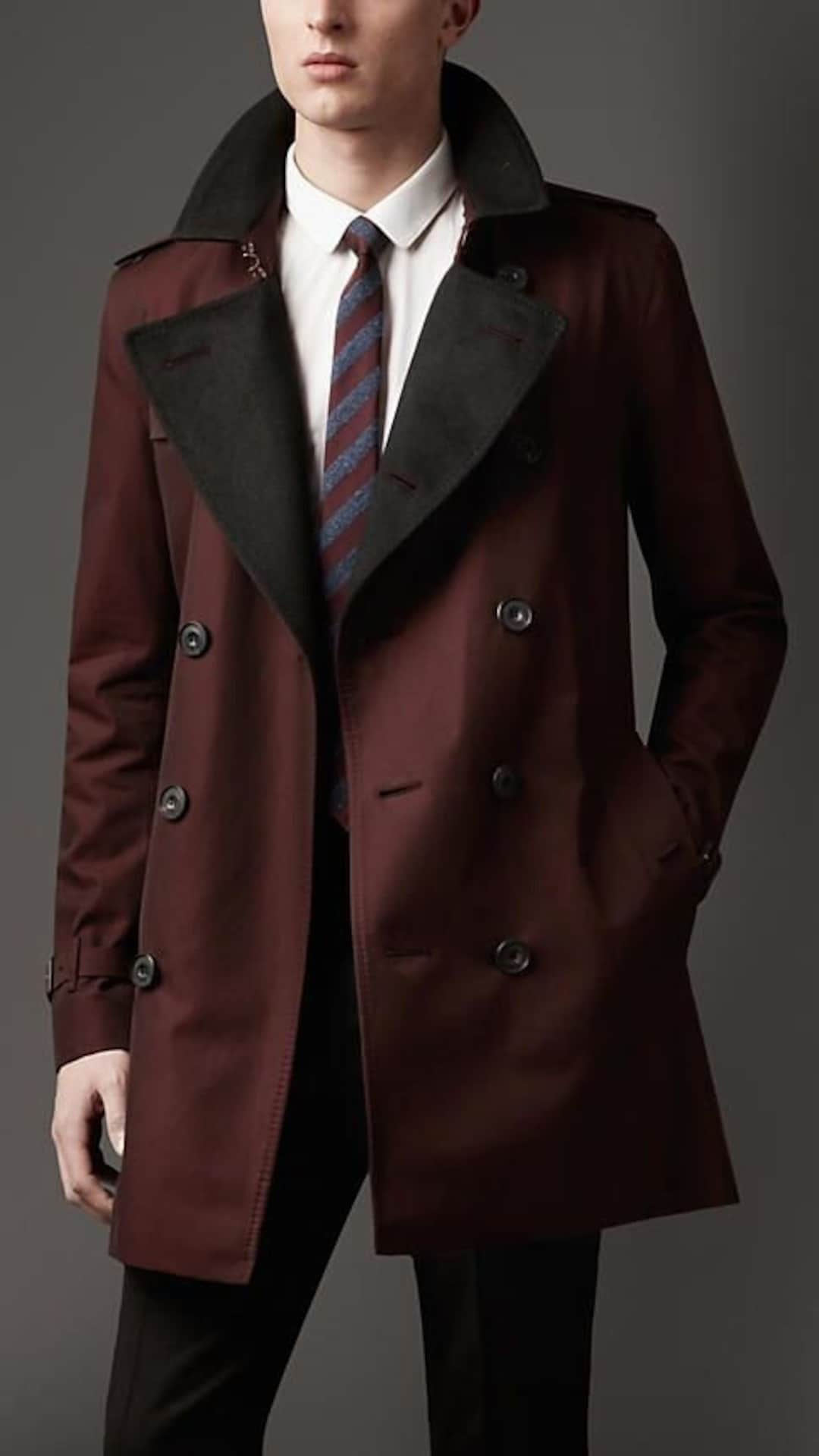 Men Maroon Overcoat Vintage Long Trench Coat Men New Jacket Coats Mens ...