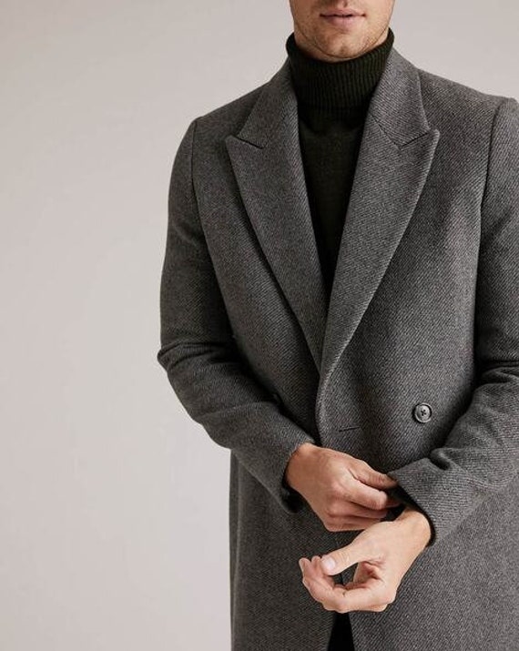 Men Long Overcoat Black Herringbone Wool Blend Coat Winter Business Outwear