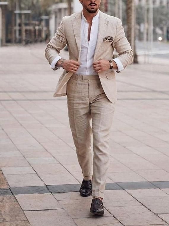 Traje de lino para hombre traje de beige traje boda - Etsy