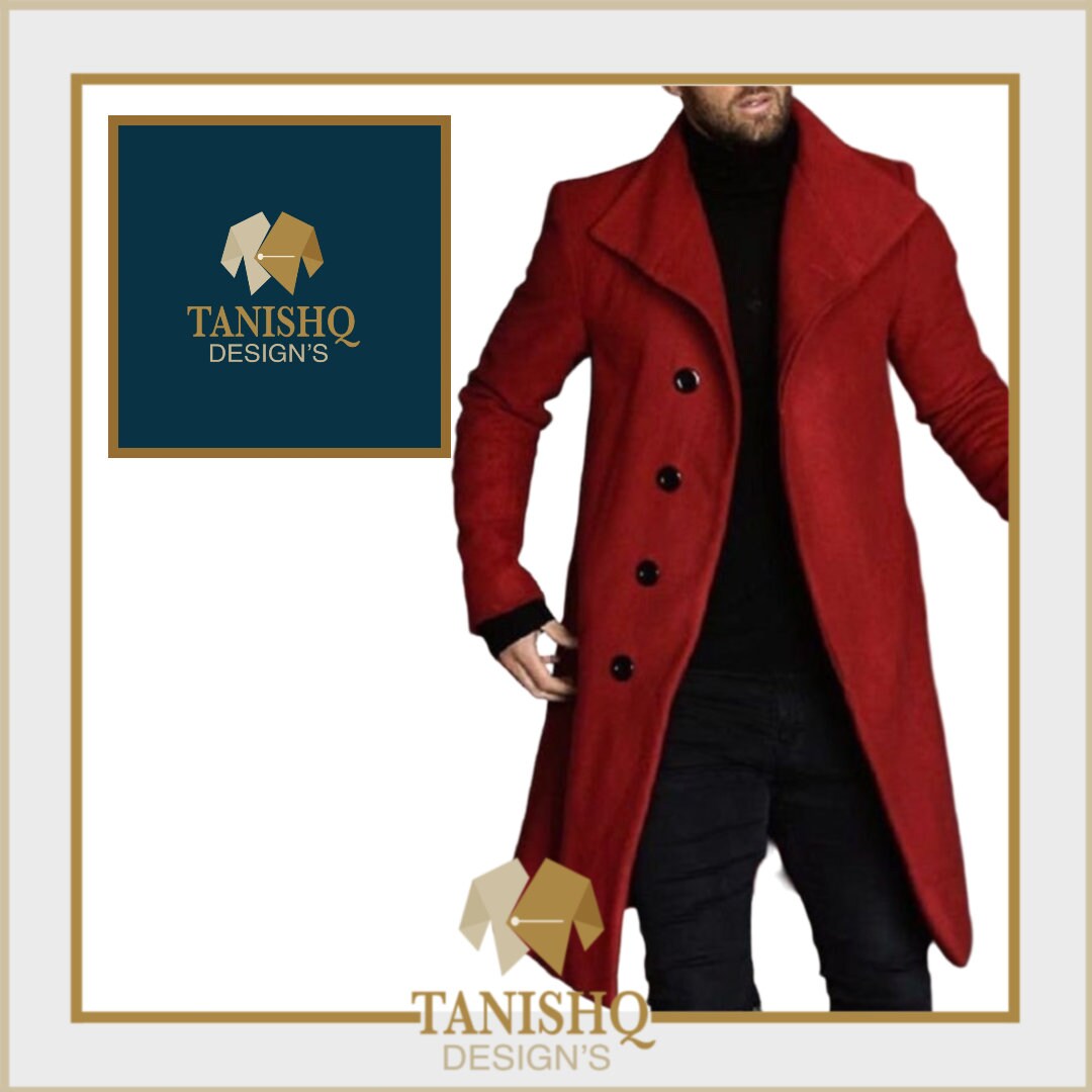 Men Red Overcoat Tweed Vintage Long Trench Coat Men Winter Long Coats Mens Business Casual Long