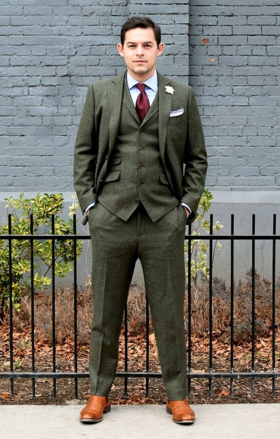 Mens Tweed Check Suit Pants Dark Green Formal Business Wedding