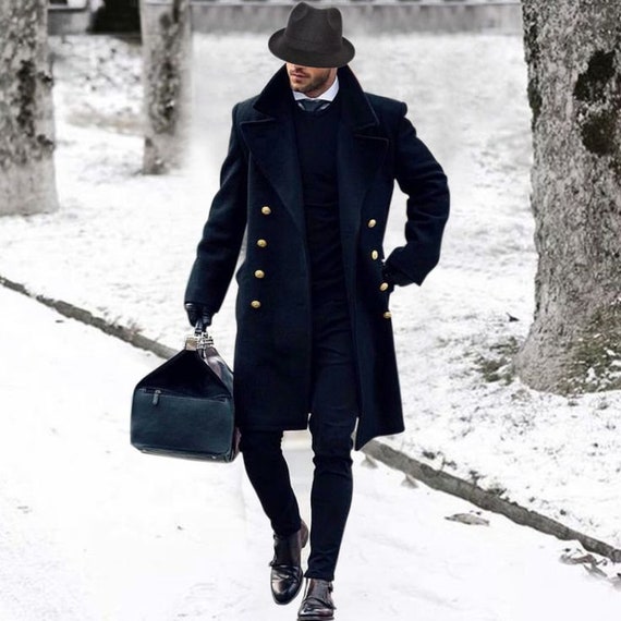 Men Blue Long Overcoat, Winter Long Jacket, Windbreak Coat