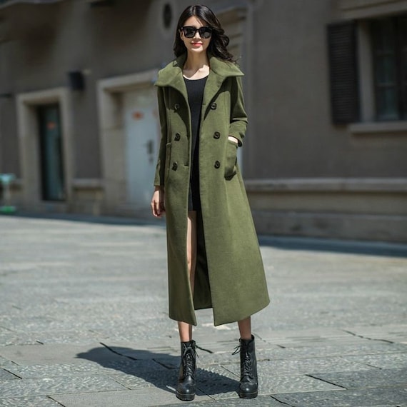 Women Green Woolen Overcoat Vintage Long Trench Coat Women Jacket