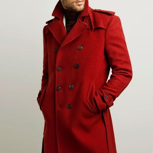 Men Red Winter Long Overcoat Long Trench Coat Men New Jacket Etsy