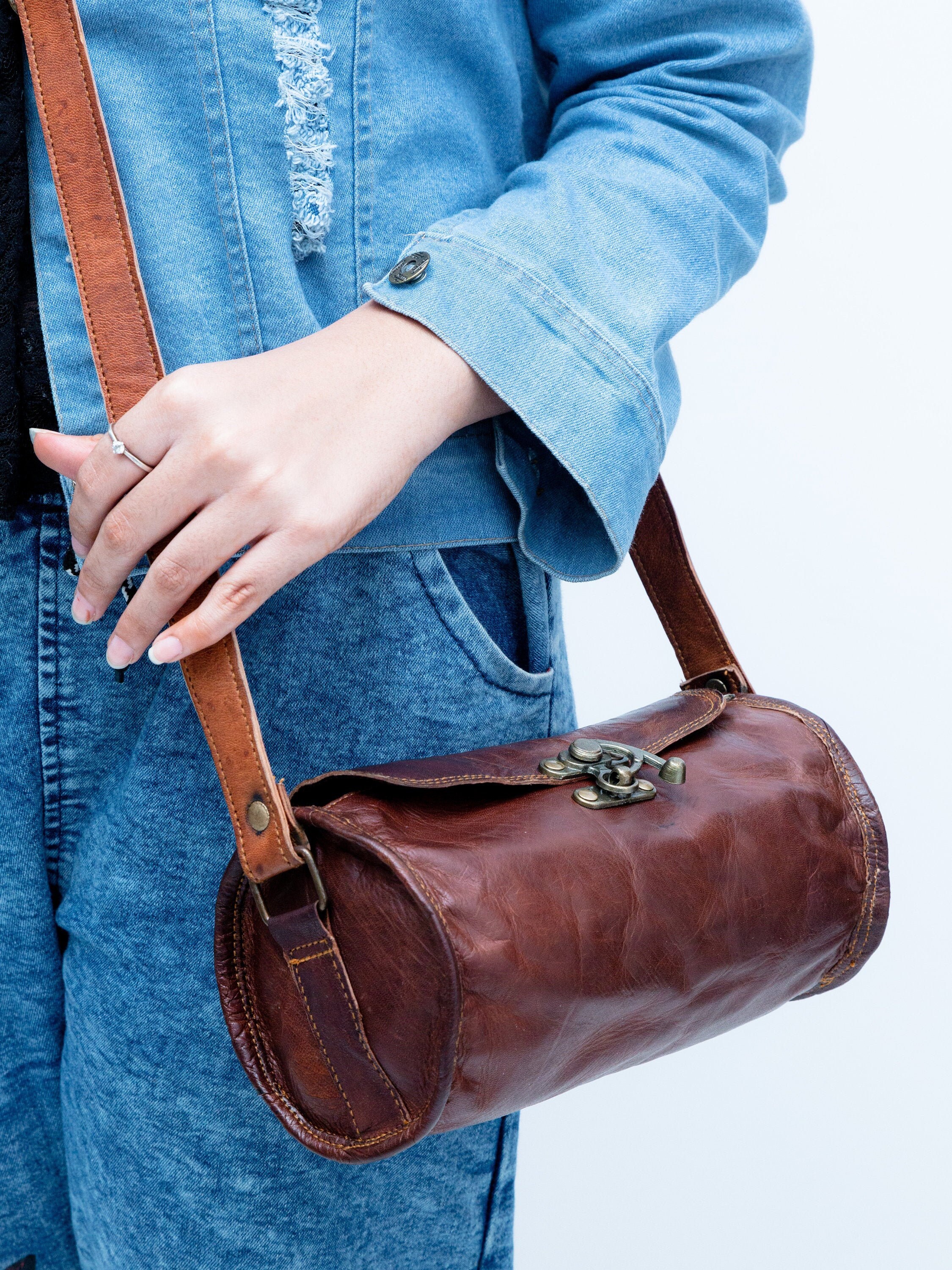 Round leather crossbody bag for women Brown leather shoulder Etsy