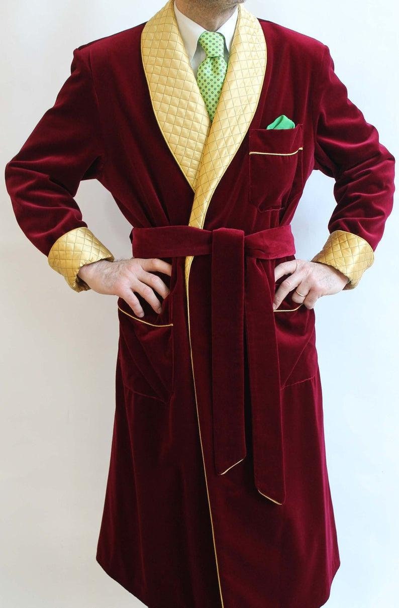 Men's Smoking Robe Jacket Maroon Velvet Long Coat Hosting - Etsy