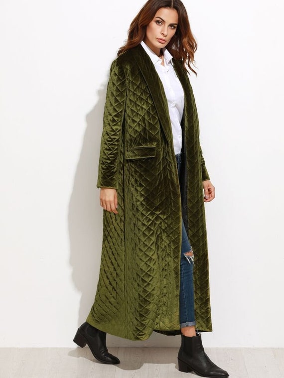 Girls Velvet Green Quilted Overcoat Vintage Long Coat Women - Etsy