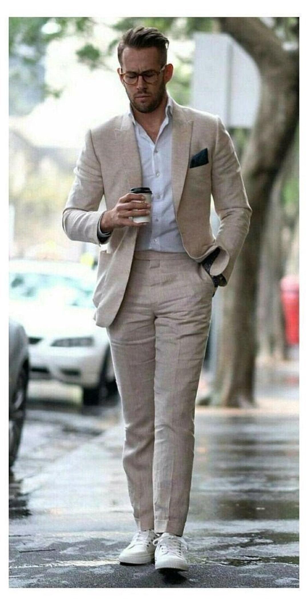 High-End Suits Retro Beige Linen Men Suit Casual Wedding Suit fo スーツ 短 ...