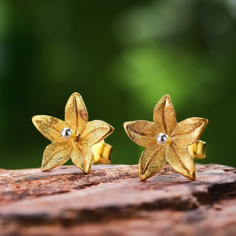 925 Sterling Silver 18K Gold Lily Flower Handmade Stud Etsy