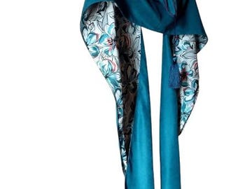 Luxe zeeblauwe Georgische Kabalakhi-sjaal met capuchon, traditionele Kaukasische damessjaal met capuchon, met zijde gevoerde sjaal, handgemaakt cadeau