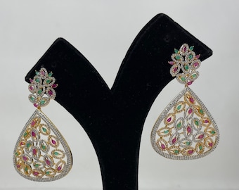 AD gold polish statement earrings with American diamond ruby & emerald stones AD16