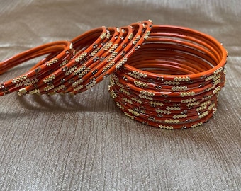 Indian 24 Pcs Orange Metal Bangles Churiyan Set Available in Different Sizes KP208