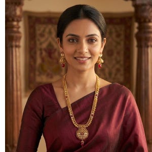 May include: A gold necklace featuring a long chain with small circular links and a large, intricate circular pendant with embedded stones and a dangling red bead. Matching gold drop earrings with red beads complement the necklace set.