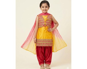 Z11 Traditional Ethnic 4-Piece Kids' Outfit with Embroidered Vest & Dupatta