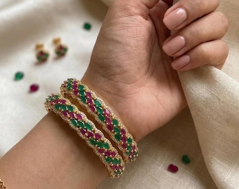 WAD-2 2-Piece AD Gold Bangle Set - Ruby Red & Emerald Green Stones