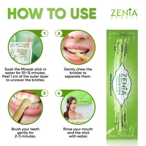 May include: A step-by-step guide on how to use a Miswak stick for oral hygiene. The guide shows how to soak the stick in water, chew the bristles, brush teeth, and rinse the mouth. The image also features a package of Zenia Miswak Sticks with the text "ZENIA MISWAK STICK" and "PREMIUM QUALITY".