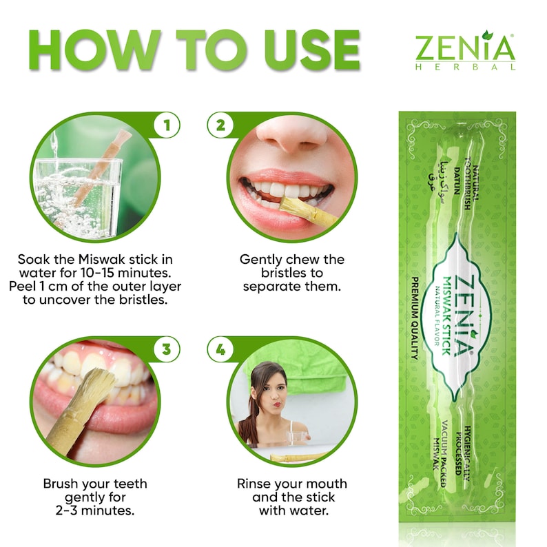 May include: A step-by-step guide on how to use a Miswak stick for oral hygiene. The guide shows how to soak the stick in water, chew the bristles, brush teeth, and rinse the mouth. The image also features a package of Zenia Miswak Sticks with the text "ZENIA MISWAK STICK" and "PREMIUM QUALITY".