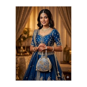 May include: A woman wearing a blue embroidered lehenga choli, a traditional Indian outfit. The outfit includes a matching blouse, skirt, and dupatta. She is adorned with gold jewelry, including a necklace, earrings, and a headpiece. A small, round, blue embroidered purse is held in her hands.