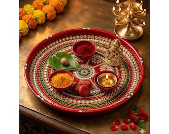 11.5" Pooja Thali Set (Red/Green/Gold) – Festival Aarti Plate with 2 Bowls