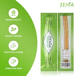 May include: A package of Zenia Herbal Miswak Sticks, a natural toothbrush. The package is green and white with the text "Zenia Miswak Stick" and "Premium Quality". The package also includes a list of benefits, such as "Natural Freshness", "Traditional Hygiene", and "Strengthen Gums".