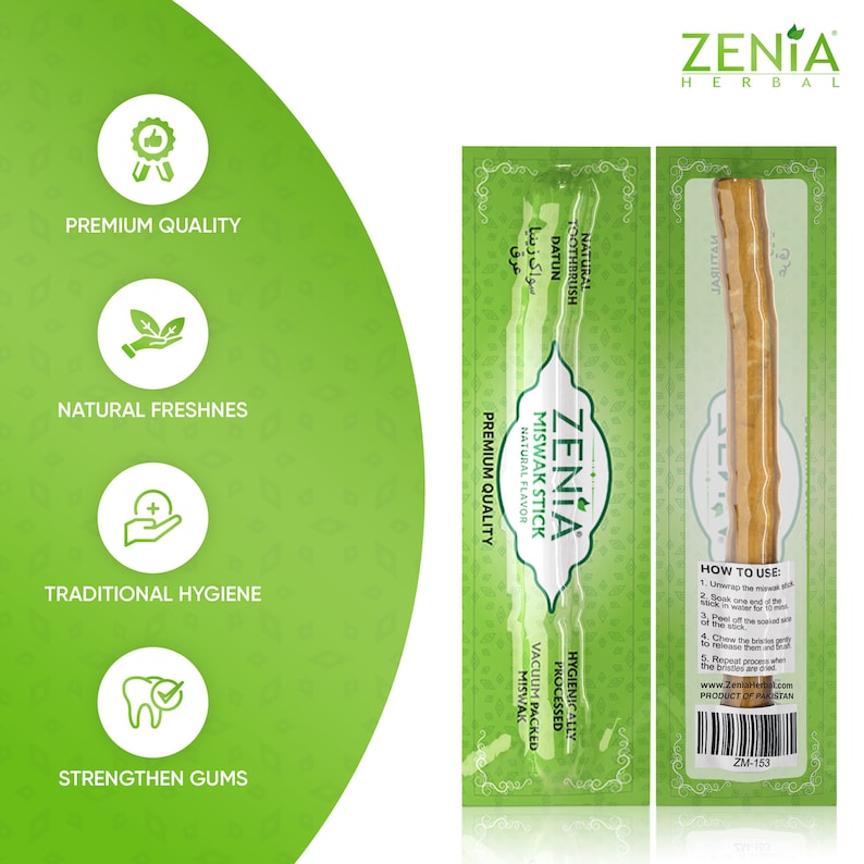 May include: A package of Zenia Herbal Miswak Sticks, a natural toothbrush. The package is green and white with the text "Zenia Miswak Stick" and "Premium Quality". The package also includes a list of benefits, such as "Natural Freshness", "Traditional Hygiene", and "Strengthen Gums".