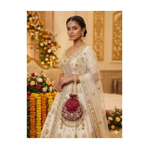 May include: Ivory-colored bridal gown with gold embroidery and a matching sheer veil. A maroon drawstring bag with gold embellishments hangs from the wrist. The gown features a V-neckline and intricate detailing.