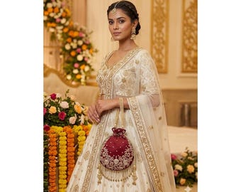 CL-14 Royal Maroon Embroidered Potli Bag with Pearl Fringe – Handcrafted Wedding/Party Purse