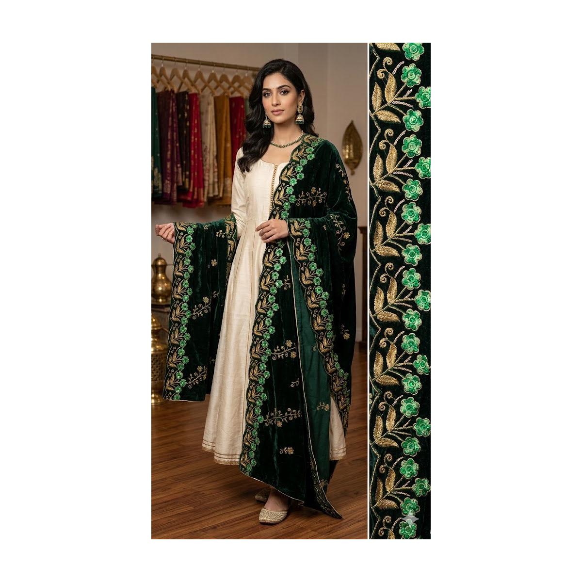 SWL41 - Emerald Green Velvet Shawl Gold Embroidered Floral Vine Dupatta