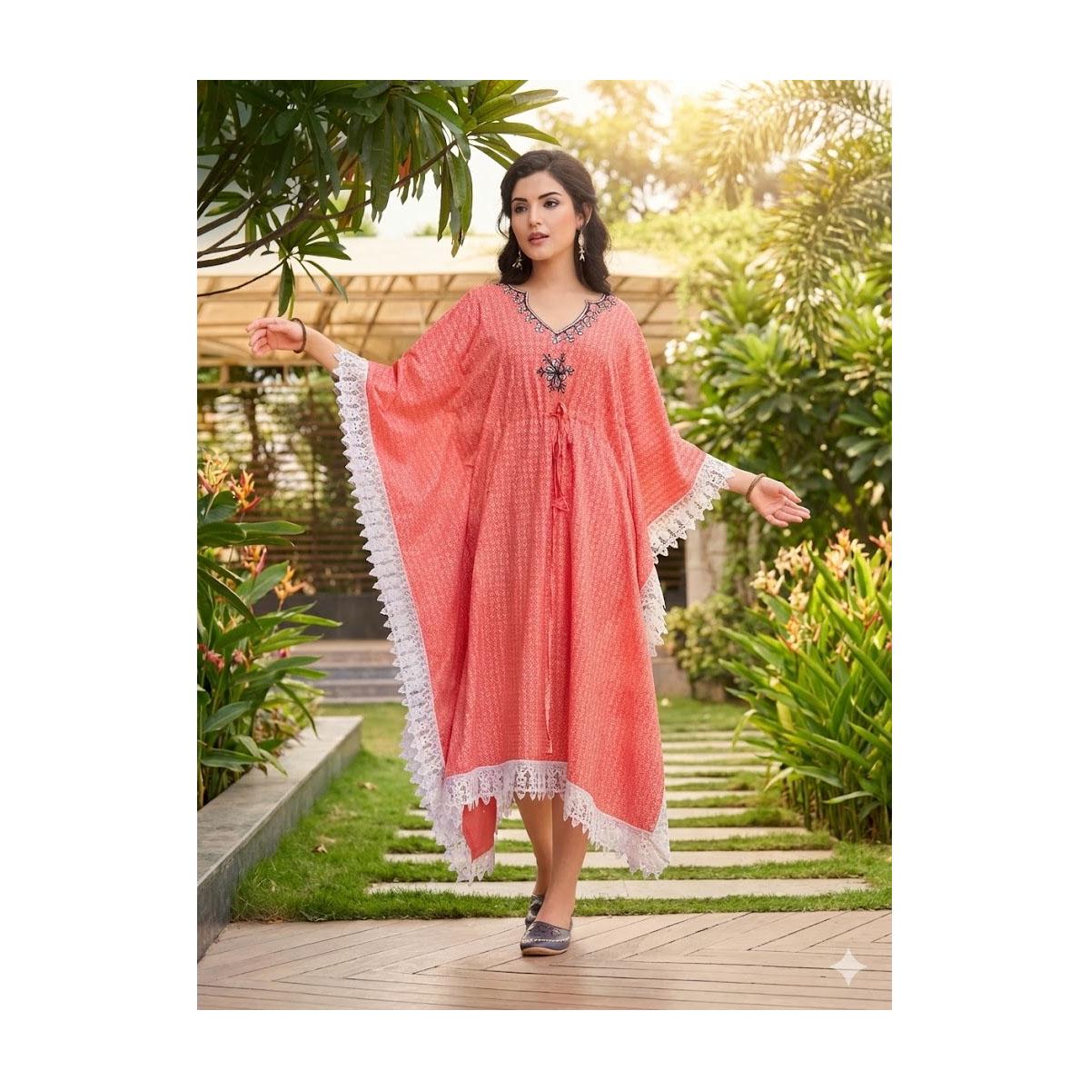 KF-203 Coral Lace-trim Kaftan Dress With Embellished Neckline - Etsy