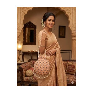 May include: A peach-colored, beaded handbag with a floral pattern and a pearl-beaded handle. The bag has a drawstring closure and a fringe of pearls at the bottom. The bag is held by a person wearing a peach-colored sari.