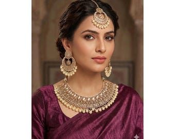 Revad-8 Bridal Necklace Set with Dusty Rose Stones, Pearls, Earrings & Maang Tikka