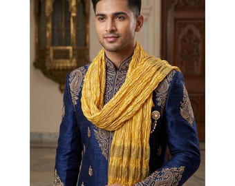MSC-3 Yellow  Men's Stole/Dupatta with Zari Stripes for Sherwani approx. length 2.5Mtr ( 100inches )
