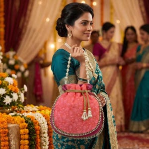 May include: A woman holding a pink floral drawstring bag with a pearl strap. The bag has a gold drawstring and a beaded trim. The woman is wearing a teal and gold sari with pearl jewelry.