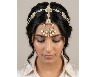 SP8 Gold-Tone Kundan Matha Patti with Maang Tikka | Pearl Drop Bridal Headpiece