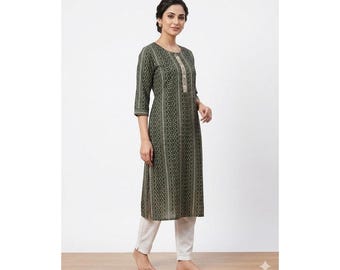 Kurthi-top10 Olive Green Geometric Print Kurti with Mirror-Work Placket | Straight Fit | 3/4 Sleeves