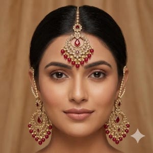 May include: A woman wearing a gold-toned headpiece and matching earrings. The jewelry features red gemstones and small, round red beads. The headpiece is centered on the forehead, and the earrings dangle from the ears.