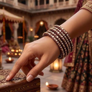 May include: A set of ornate, burgundy-colored bangles with rectangular, clear gemstones. The bangles are stacked on a wrist, with a hand touching a wooden box. The background features a courtyard with candles and a decorative tent.