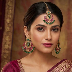 May include: A gold-toned jewelry set featuring a maang tikka and matching dangle earrings. Each piece is circular with intricate pink and gold filigree, accented by small green teardrop-shaped stones and dangling green beads along the bottom edge.