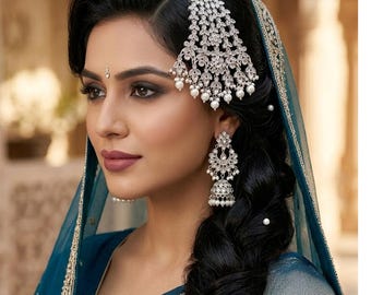 SNG-6 Silver-Tone Jhoomar / Passa with Clear Stones & Pearl Drops - Ethnic Hair Accessory