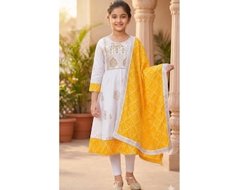 Girls Festive Kurta Set with Leggings & Dupatta (3‑Piece)#KN
