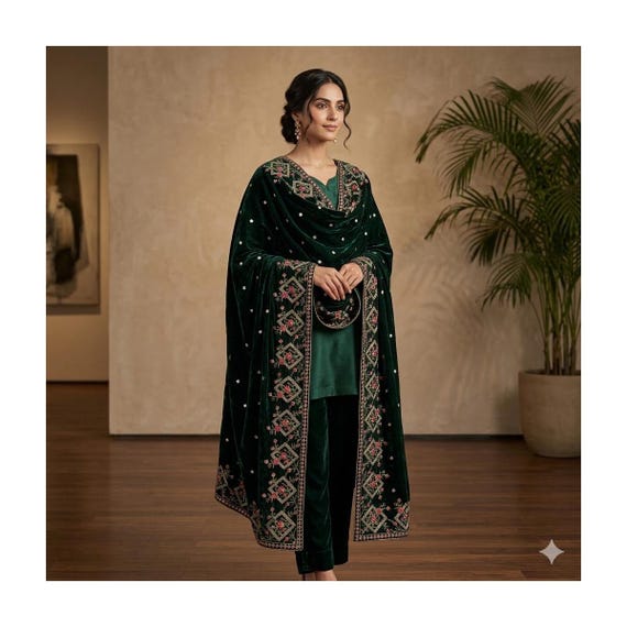 SWL3 - Embraled Green Velvet Shawl – Pink Paisley Floral Embroidered Dupatta