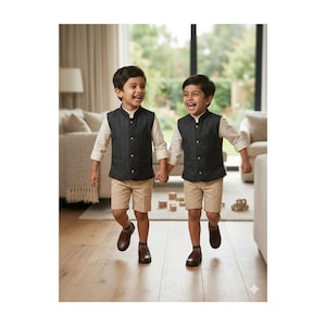 May include: Two young children wearing matching outfits, including dark gray vests, light-colored shirts, and khaki shorts. They are holding hands and smiling while walking on a wooden floor. The vests have a subtle checkered pattern.