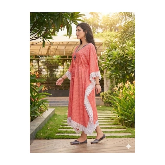 KF-203 Coral Lace-trim Kaftan Dress With Embellished Neckline - Etsy KF-203 Coral Lace-trim Kaftan Dress With Embellished Neckline - Etsy