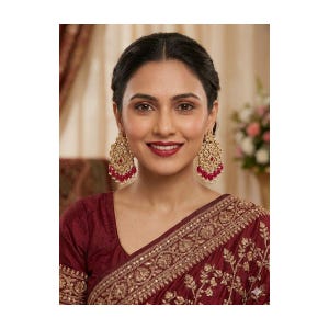 May include: A woman wearing gold-toned chandelier earrings with red and white accents. The earrings are ornate and feature a drop design. She is wearing a maroon sari with gold embroidery.