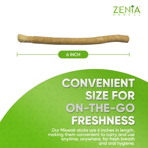 May include: A brown Miswak stick, 6 inches long, with a brush at one end. The stick is shown against a white background with a green background behind the text "CONVENIENT SIZE FOR ON-THE-GO FRESHNESS". The text below reads "Our Miswak sticks are 6 inches in length, making them convenient to carry and use anytime, anywhere, for fresh breath and oral hygiene."