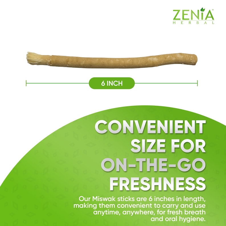 May include: A brown Miswak stick, 6 inches long, with a brush at one end. The stick is shown against a white background with a green background behind the text "CONVENIENT SIZE FOR ON-THE-GO FRESHNESS". The text below reads "Our Miswak sticks are 6 inches in length, making them convenient to carry and use anytime, anywhere, for fresh breath and oral hygiene."