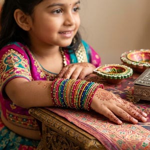 May include: A young person wearing a vibrant pink and teal embroidered top, adorned with a stack of colorful bangles on their wrist. The bangles feature a mix of red, green, blue, and yellow. Decorative bowls and a silver box are on the table.