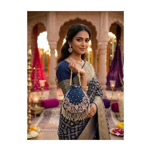May include: A navy blue, embroidered handbag with a gold handle and beaded fringe. The bag features a floral design with white and gold accents. The woman is wearing a navy blue sari with gold trim and jewelry.
