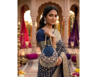 CL-22 Embroidered Navy Potli Bag with Beaded Fringe
