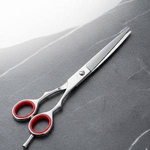 May include: A pair of professional-grade, stainless steel hair shears. The scissors have a polished silver finish with red finger inserts. The blades are sharp and straight, designed for precision cutting. The shears are angled for comfortable use.